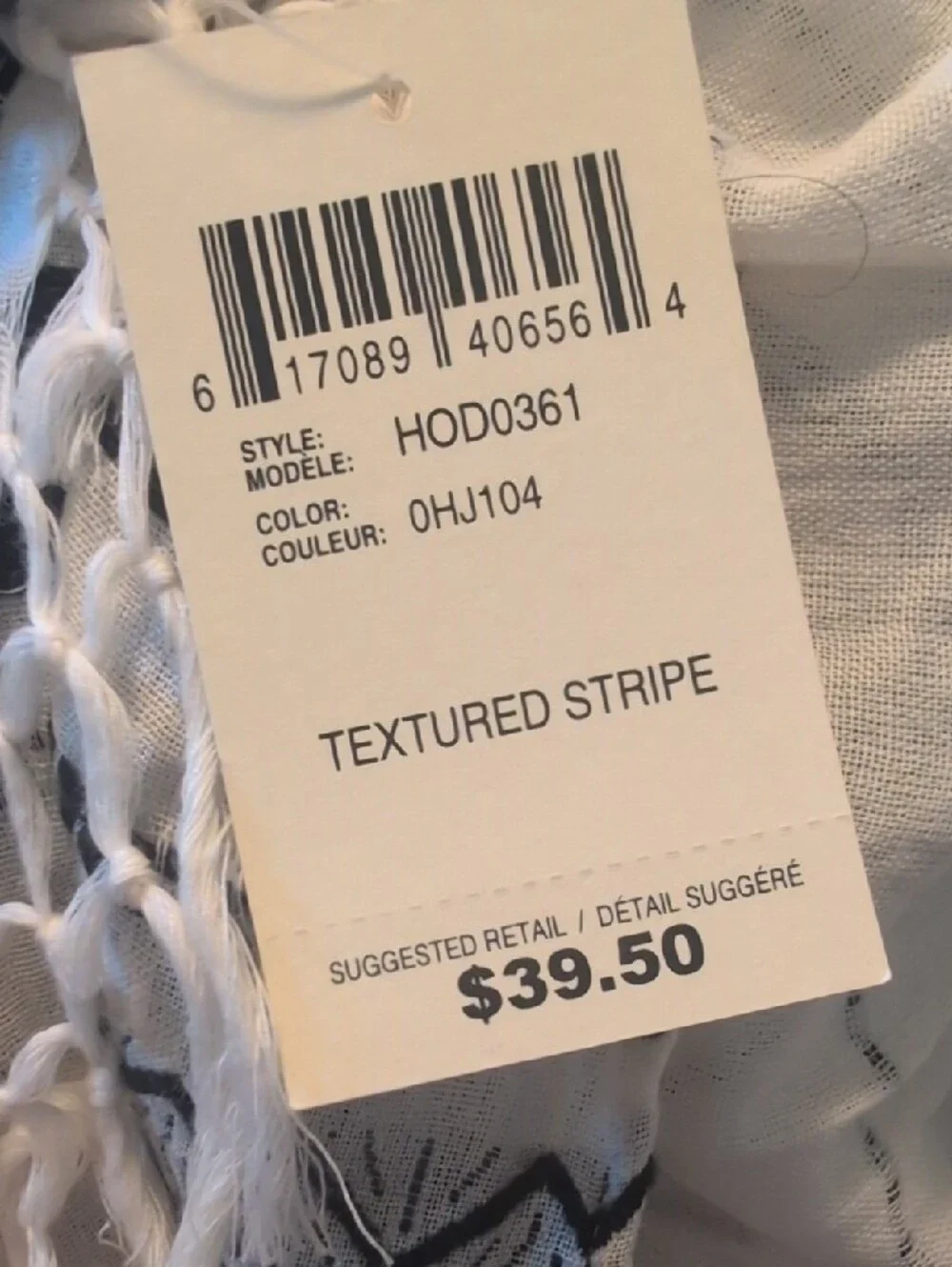 Lucky Brand White Scarf with Black Striped Geometric Pattern and Fringe